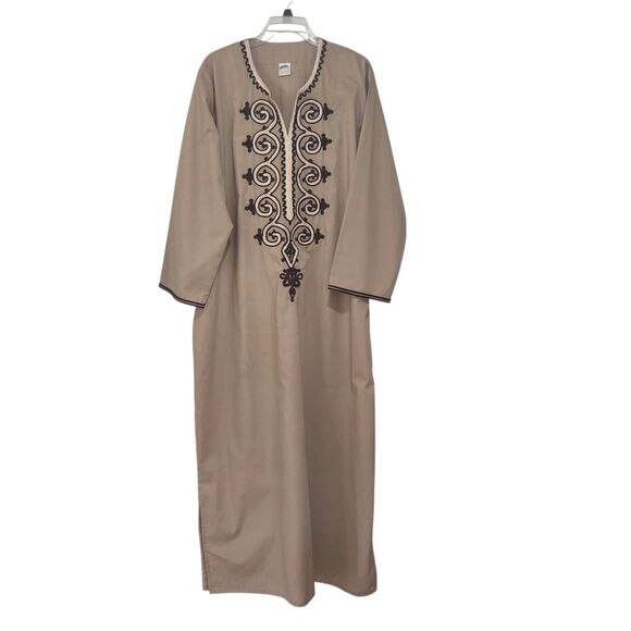 Khatab Egyptian Cotton Kaftan Dress XXL Tan with Brown Trim And Embroidery Boho - Picture 3 of 10